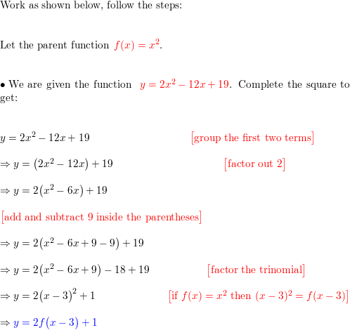 Express The Function Y 2x 2 12x 19 In The Form Y A X H 2 Quizlet