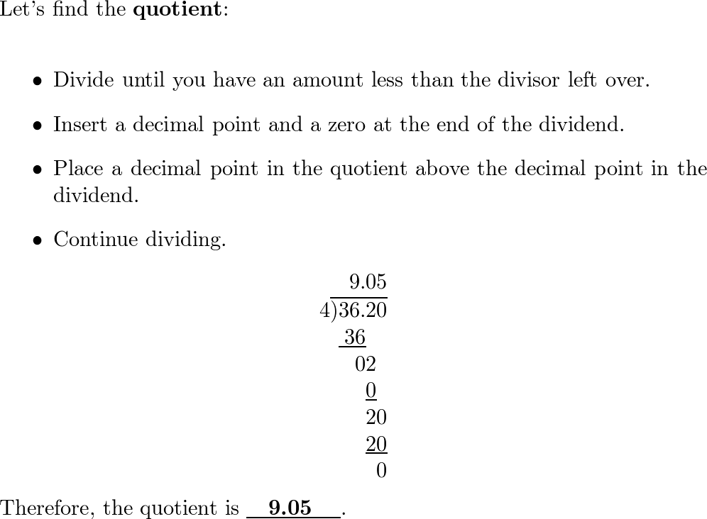 Divide. 4 ) \overline { 36.2 } Quizlet