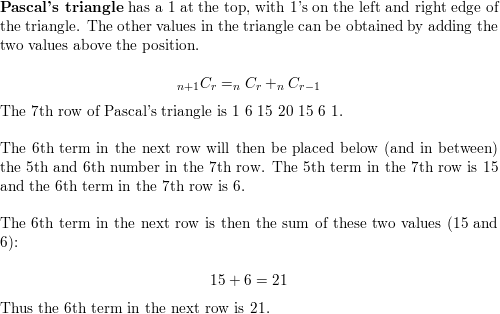 The numbers 1 6 15 20 15 6 1 represent the seventh row in Pa Quizlet