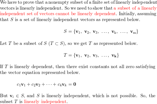 Prove that a nonempty subset of a finite set of linearly ind Quizlet