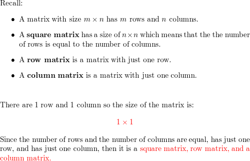 Find the size of the matrix. Identify any square column or Quizlet