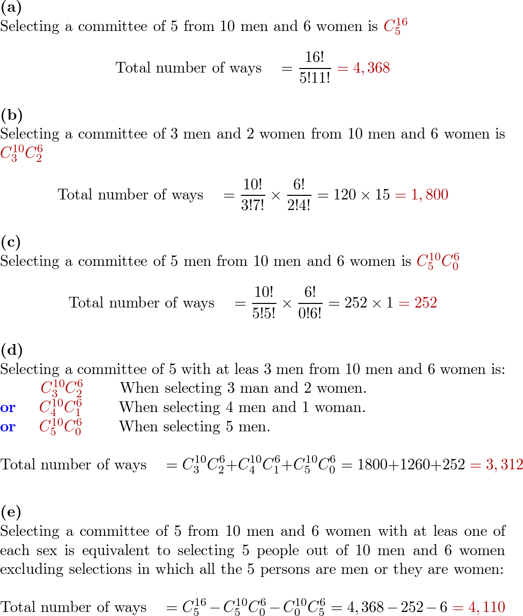 A committee of 5 is chosen from 10 men and 6 women. Determin | Quizlet