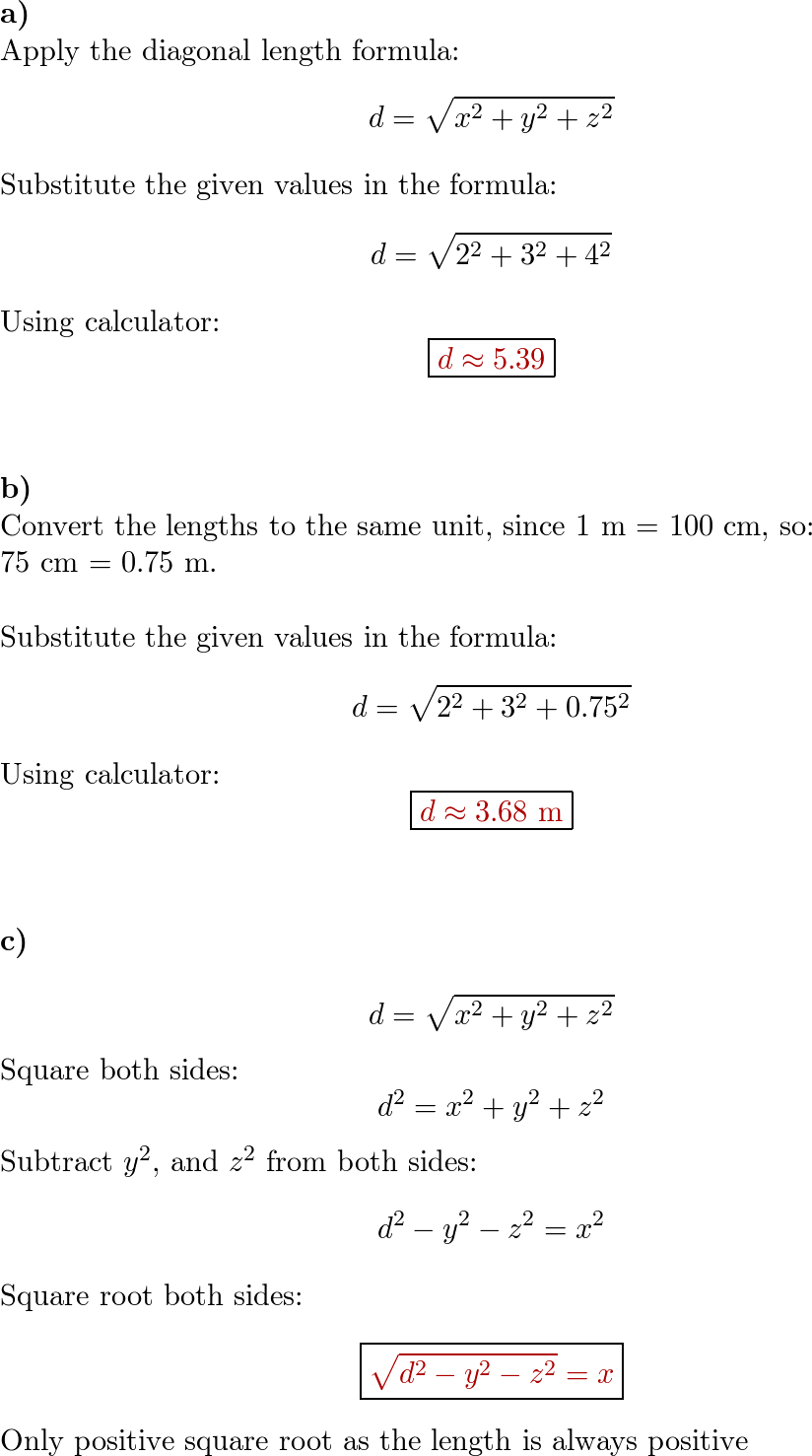 The Formula For Finding The Length D Of The Body Diagonal Of Quizlet