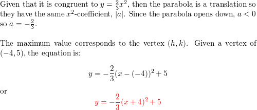 Write The Equation For Each Parabola In The Form Y A X H 2 K With The Given Information Congruent To Y 2 3x 2 Opens Down And Has A Maximum Value At 4 5 Homework Help And Write The Equation For Each Parabola In The Form Y A X H 2 K With The Given Information Congruent To Y 2 3x 2 Opens Down And Has A Maximum Value At 4 5 Homework Help And