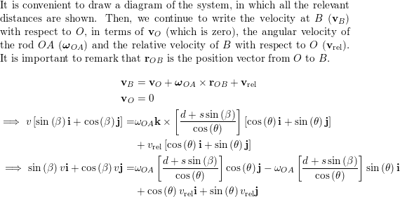 The Hydraulic Cylinder C Imparts A Velocity V To Pin B In The Direction Shown The Collar Slips Freely On Rod Oa Determine The Resulting Angular Velocity Of Rod Oa In Terms