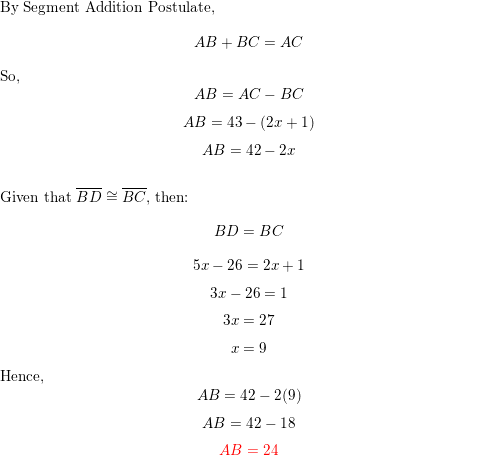 If Math Cong Math 5x 26 2x 1 And Ac 43 Find Ab Homework Help And Answers Slader