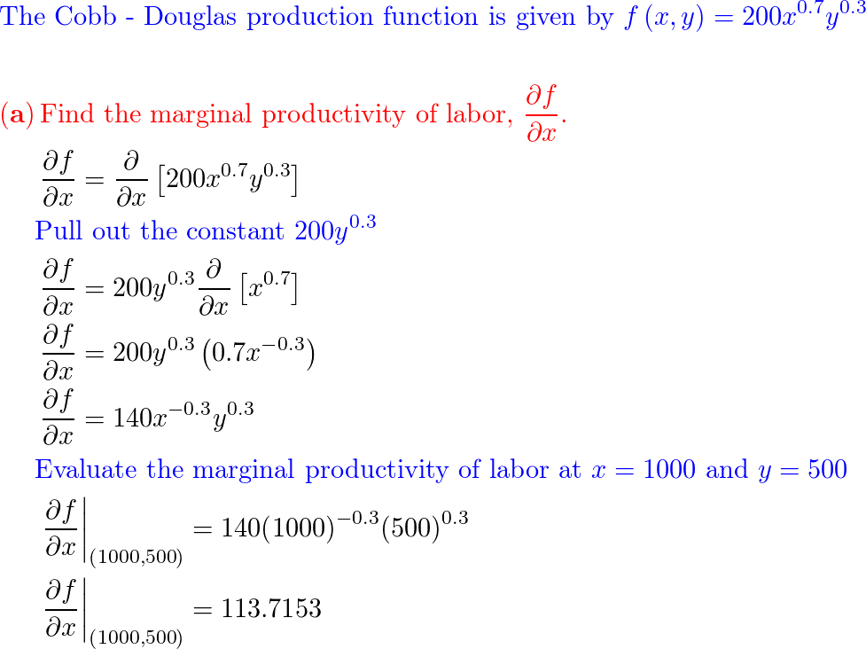 Consider The Cobb-Douglas Production Function F(x, Y) = 200x | Quizlet