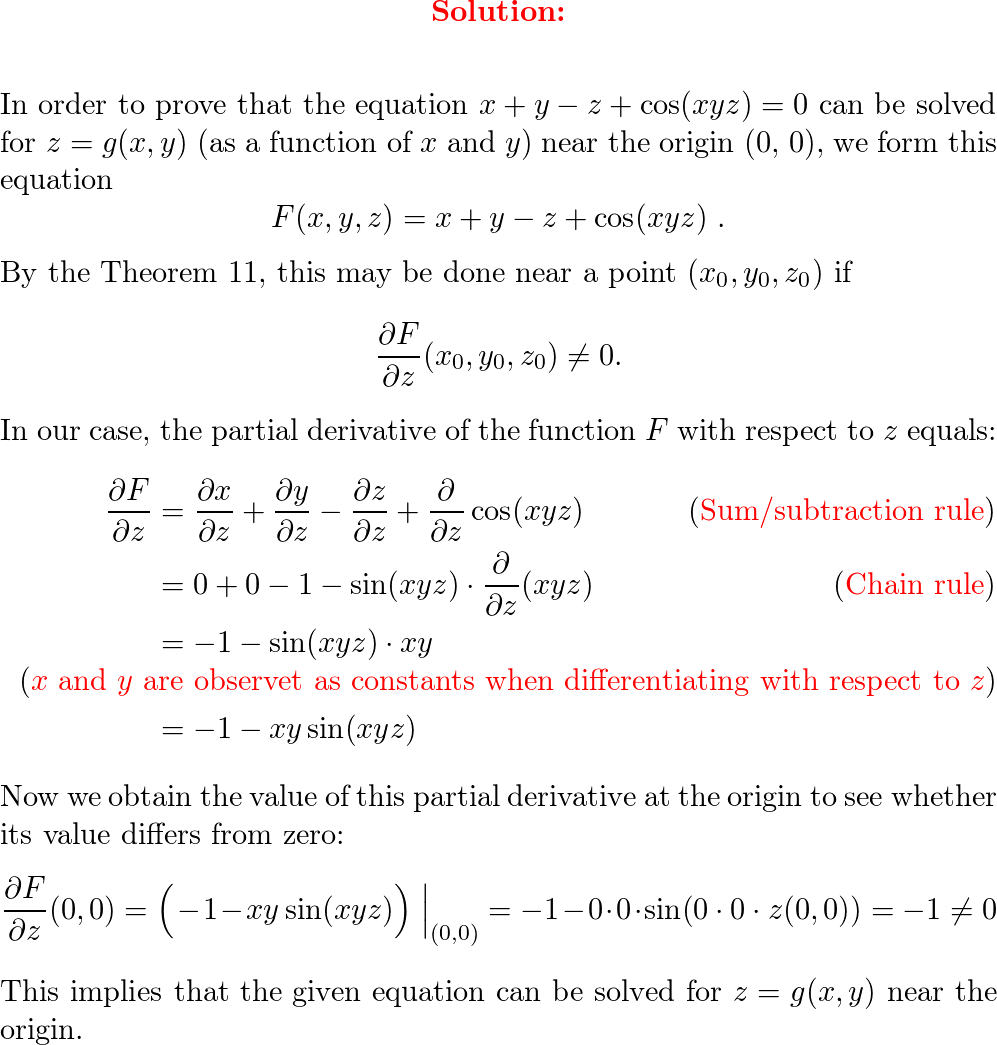 Show That The Equation $x + Y − Z +cos(xyz) = 0$ Can Be So 