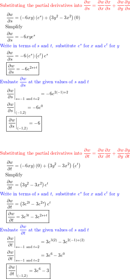 Find W S And W T Using The Appropriate Chain Rule Evaluate Each Partial Derivative At The Given Values Of S And T Function W Y 3x Y X E S Y
