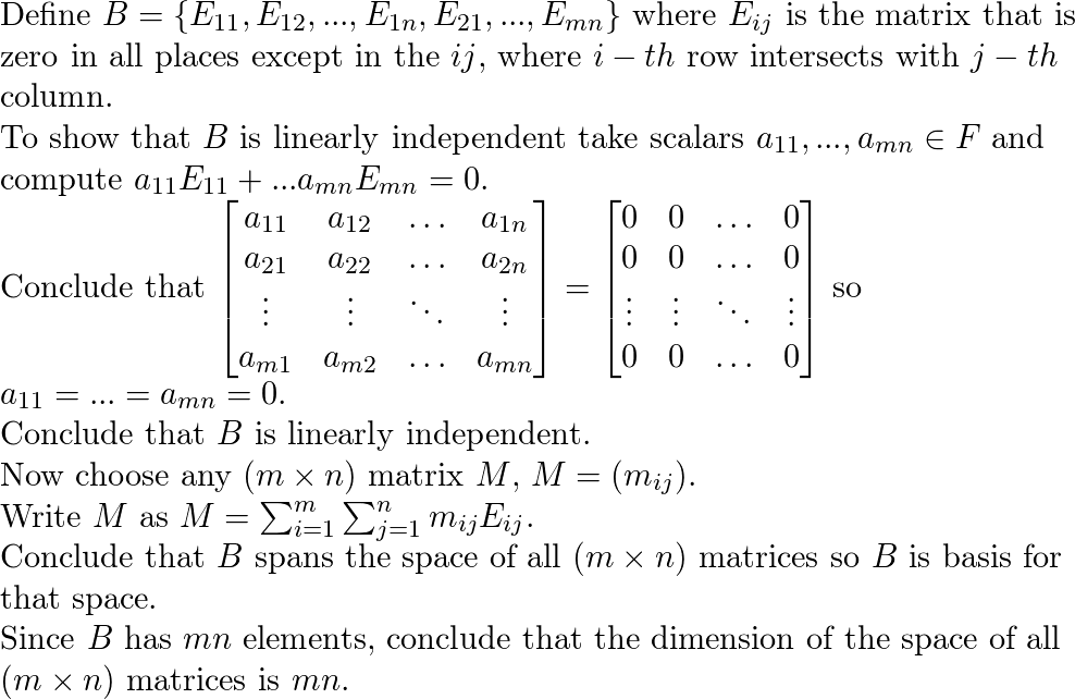 Prove that the space of all m times n matrices over the f Quizlet