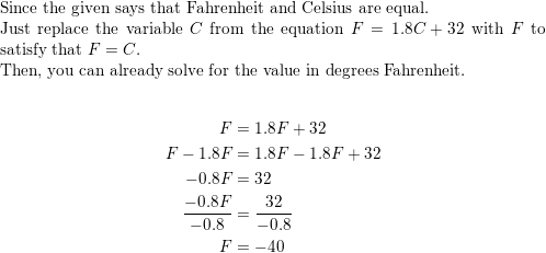 SOLVED: need answers for the math questions Convert the following  temperatures from Fahrenheit to Celsius or vice versa F32 F=1.8C+32 1.8  a.60F b.70C c.-35C