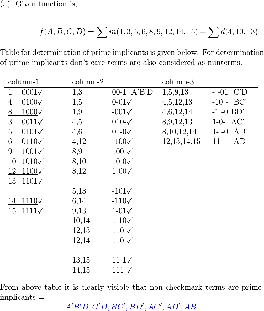 (a) Using The Quine-McCluskey, Method Find All Prime Implica | Quizlet