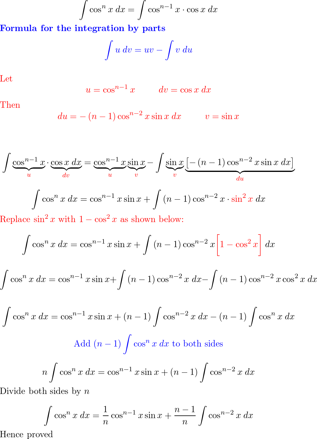 Prove the reduction formula integral cos^nxdx=1/ncos^n-1xsin | Quizlet