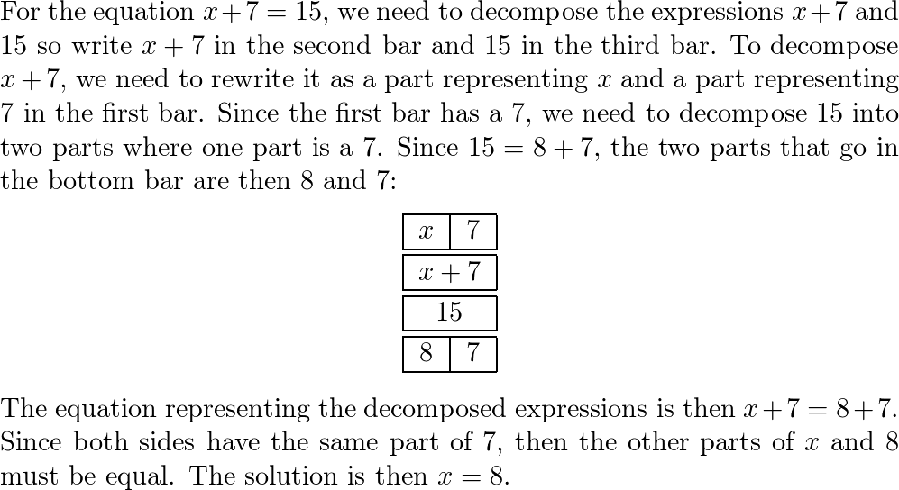 Use a bar model to solve the equation. x + 7 = 15 | Quizlet