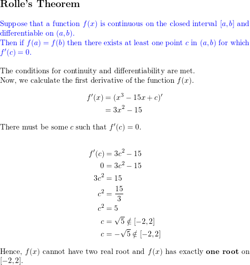 Show that the equation $x^3-15x+c=0$ has at most one root in