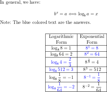 Complete The Table By Finding The Appropriate Logarithmic Or Exponential Form Of The Equation Begin Array C C Hline Text Logarithmic Text Exponential Text Form Text