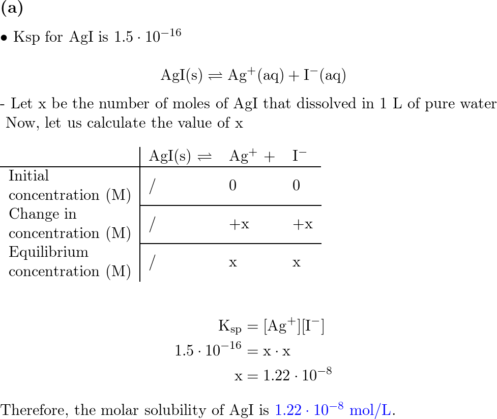 Calculate the molar solubility of AgI in pure water. K Quizlet