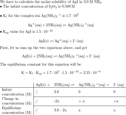 Calculate the molar solubility of Agl in 3.0 M mathrm NH Quizlet