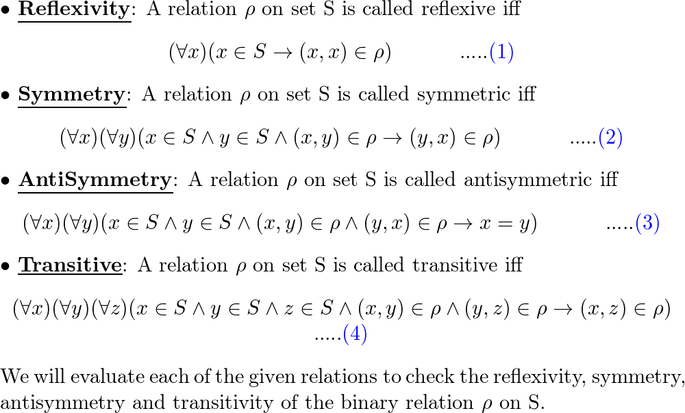 Test The Following Binary Relations On The Given Sets S For | Quizlet