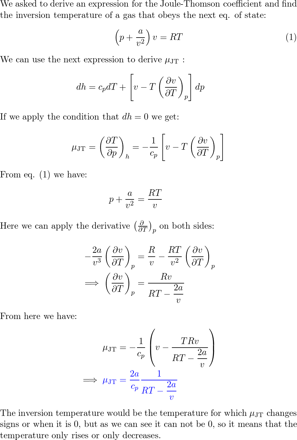 Derive a relation for the Joule-Thomson coefficient and the | Quizlet