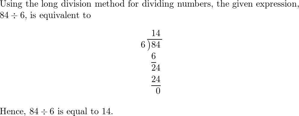 Find the quotient. $$ 84 \div 6 $$ | Quizlet