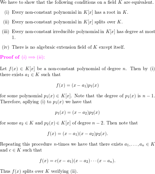 Prove that the following conditions on a field K are equival Quizlet