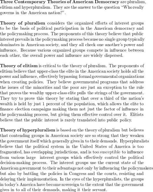 What are the differences among pluralism, elitism, and hyper | Quizlet