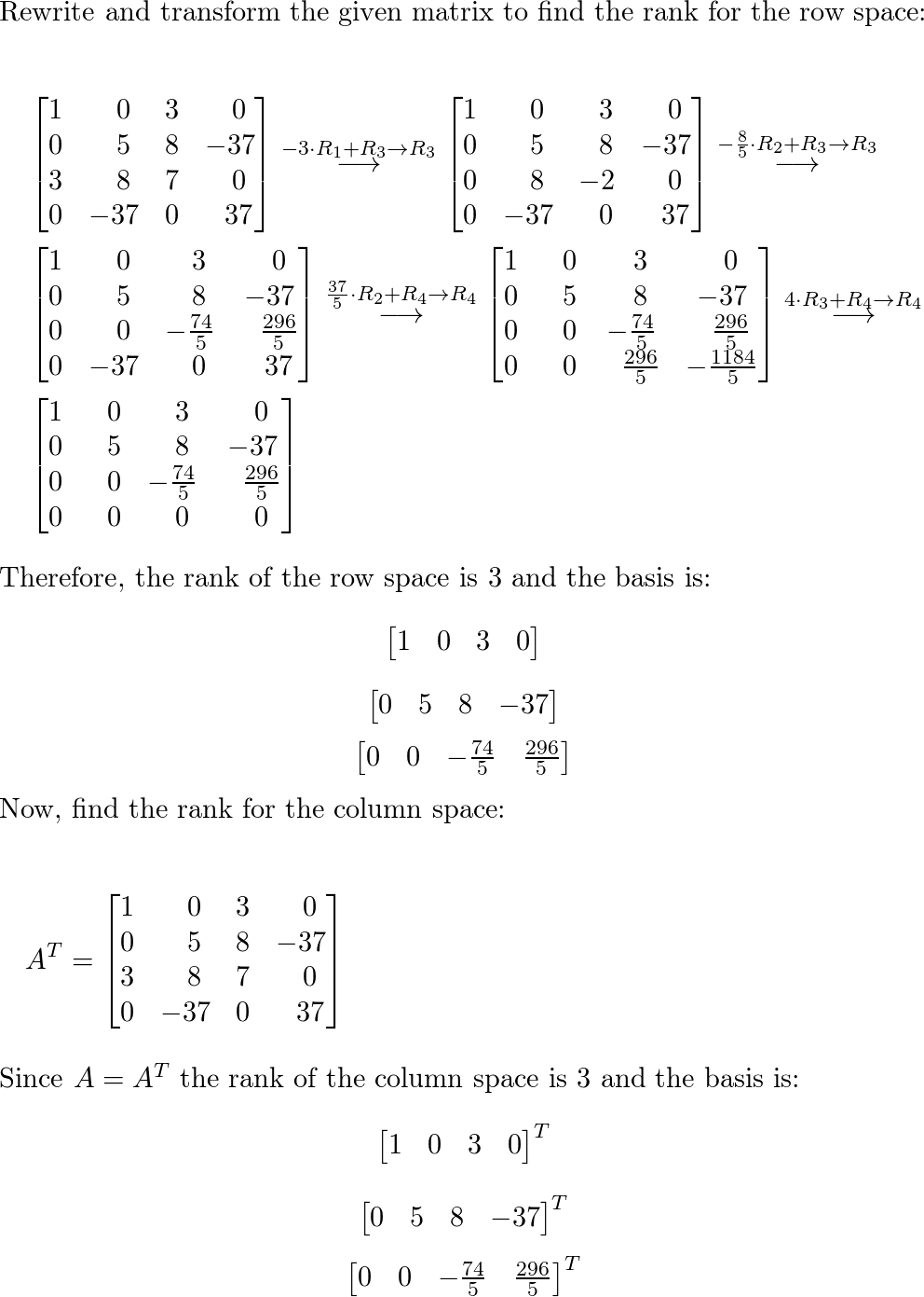 Find the rank and a basis for the row space and for the colu Quizlet