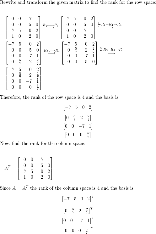 Find the rank and a basis for the row space and for the colu Quizlet