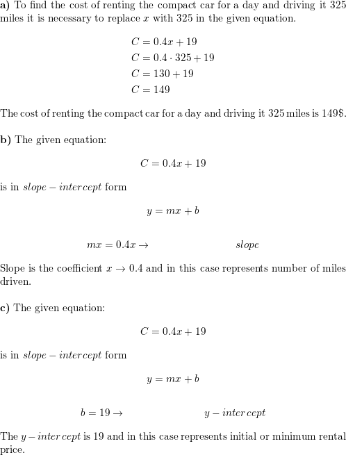 The cost C in dollars of renting a compact car for a day Quizlet