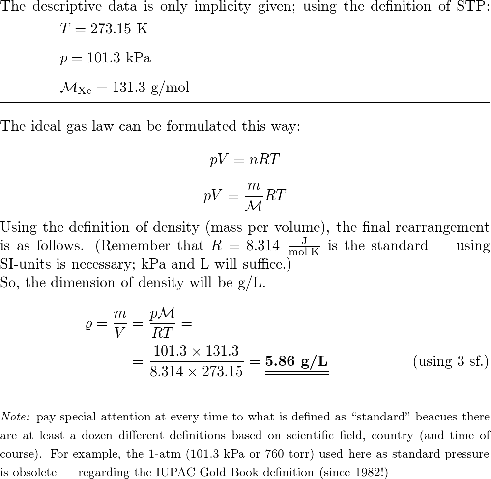 What is the density of Xe gas at STP Quizlet