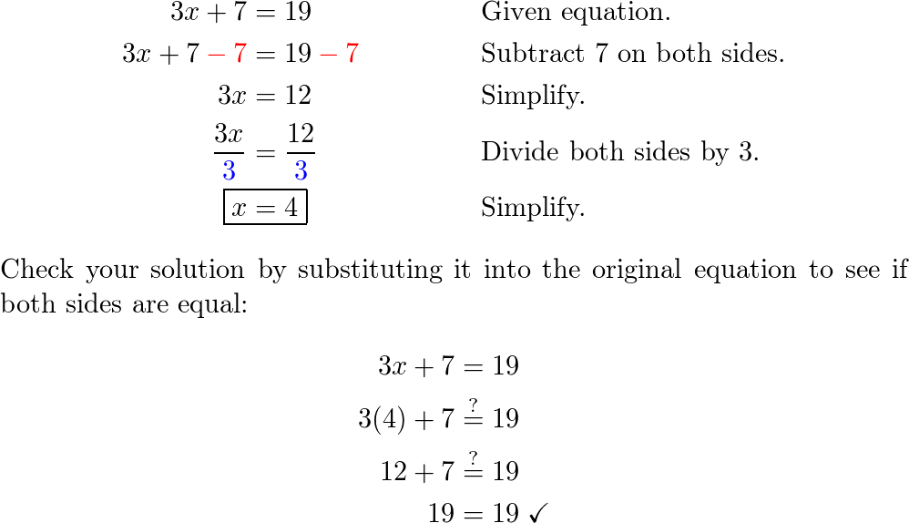 Solve the equation. Check your solution. 3x + 7 = 19 | Quizlet