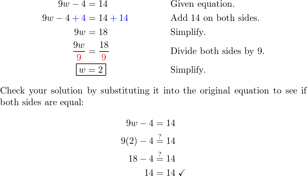 Solve the equation. Check your solution. 9w - 4 = 14 | Quizlet