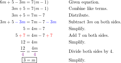 Solve the equation, if possible. 6m + 5 - 3m = 7(m - 1) | Quizlet