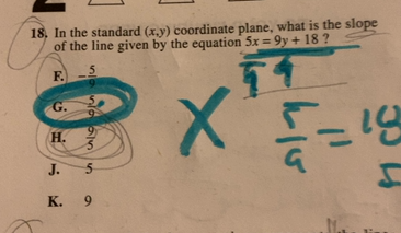 In The Standard X Y Coordinate Plane What Is The Slope Of The Line Given By The Equation 5x 9y 18 F Math Frac 5 9 Math G Math Frac 5 9 Math H Math Frac 9 5 Math J 5 K 9