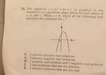 The Equation Math Y Ax 2 Bx C Math Is Graphed In The Standard X Y Coordinate Plane Below For Real Values Of A B And C When Y 0 Which Of The Following Describes The Solutions For