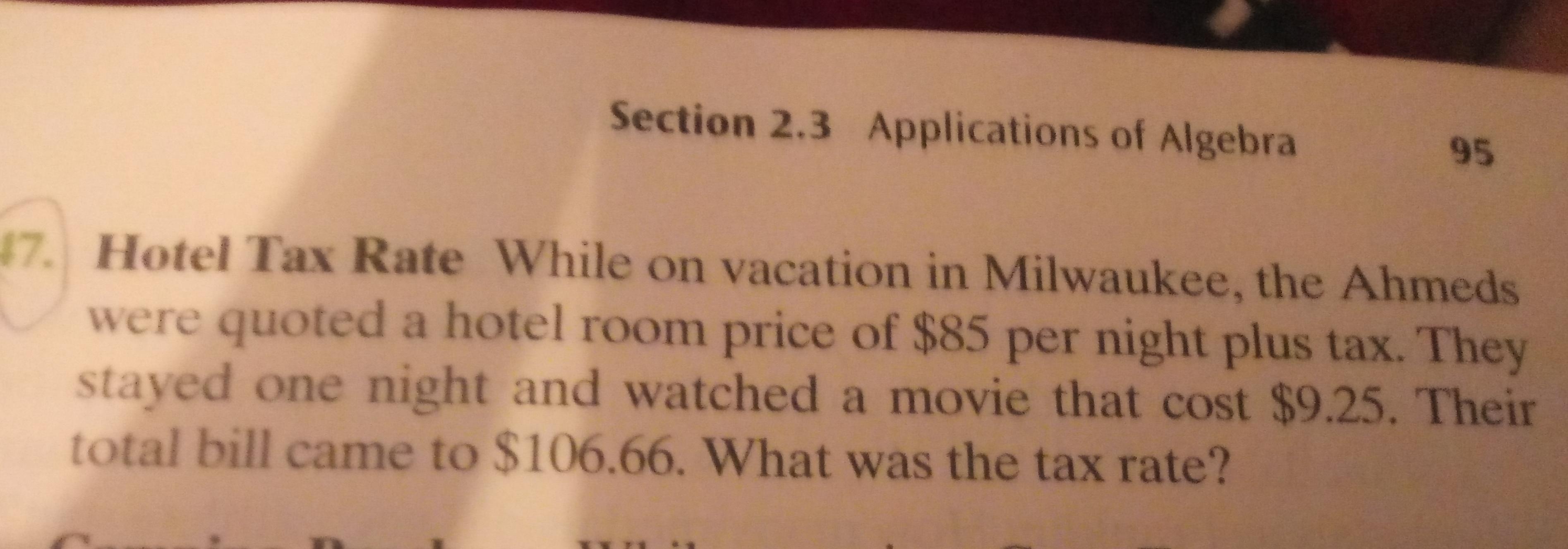 a Section 2.3 Applications of Algebra gg 7.) Hotel Tax R Quizlet