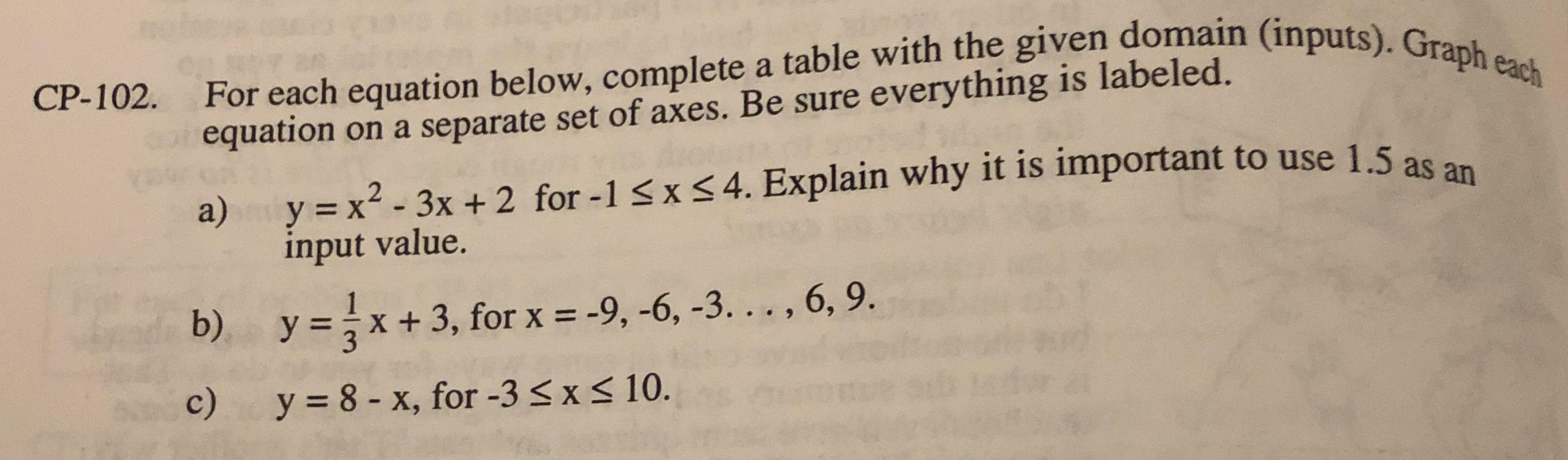 For Each Equation Below Complete A Table With The Given Domain Inputs Graph Each Equation On A Separate Set Of Axes Be Sure Everything Is Labeled A Math Y X 2 3x 2 Math For Math 1 Le X Le4 Math Explain