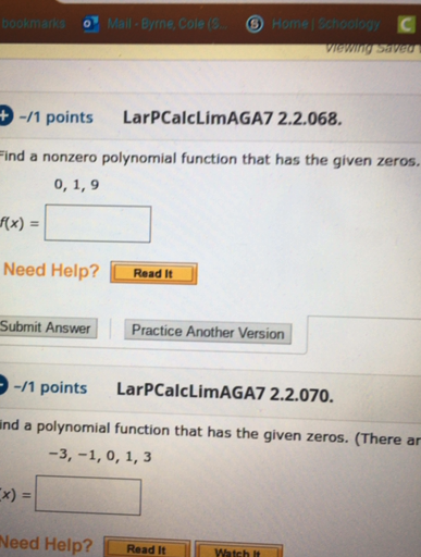 Find A Nonzero Polynomial Function That Has The Given Zeros Quizlet